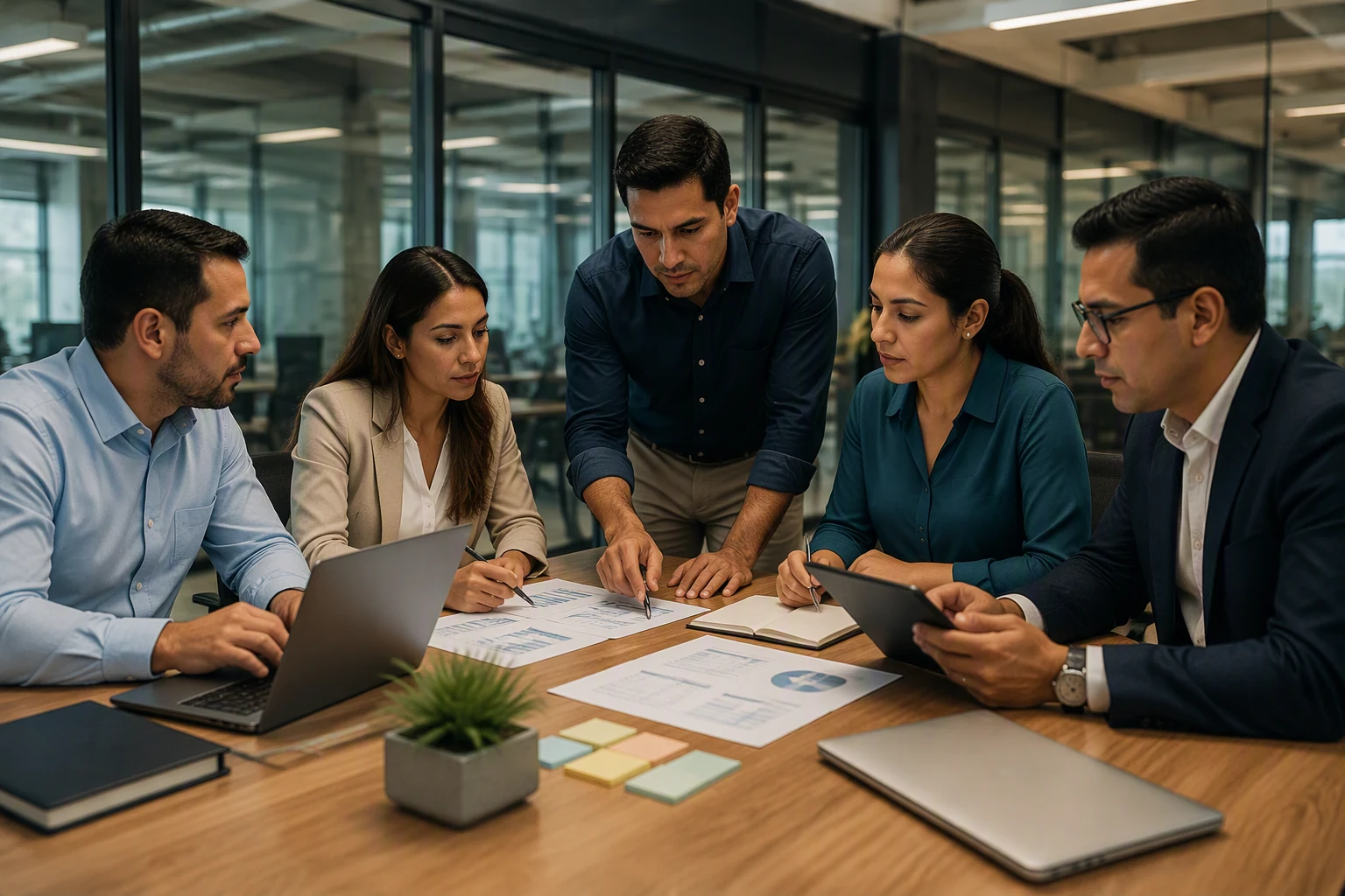 Equipo profesional colaborando frente a una pantalla con datos integrados
