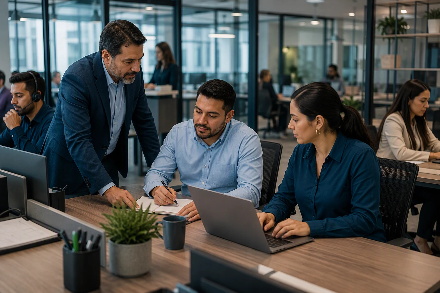 Ejecutivo revisando su CRM en una laptop en una oficina moderna