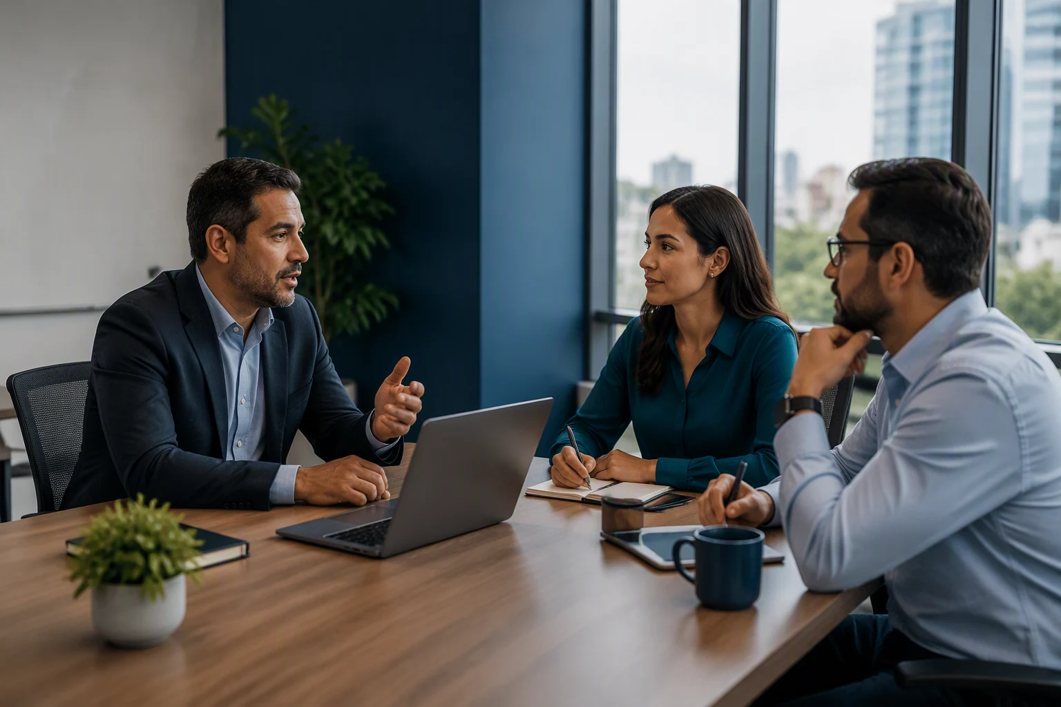 Tres profesionales en una reunión comercial ordenada alrededor de una laptop